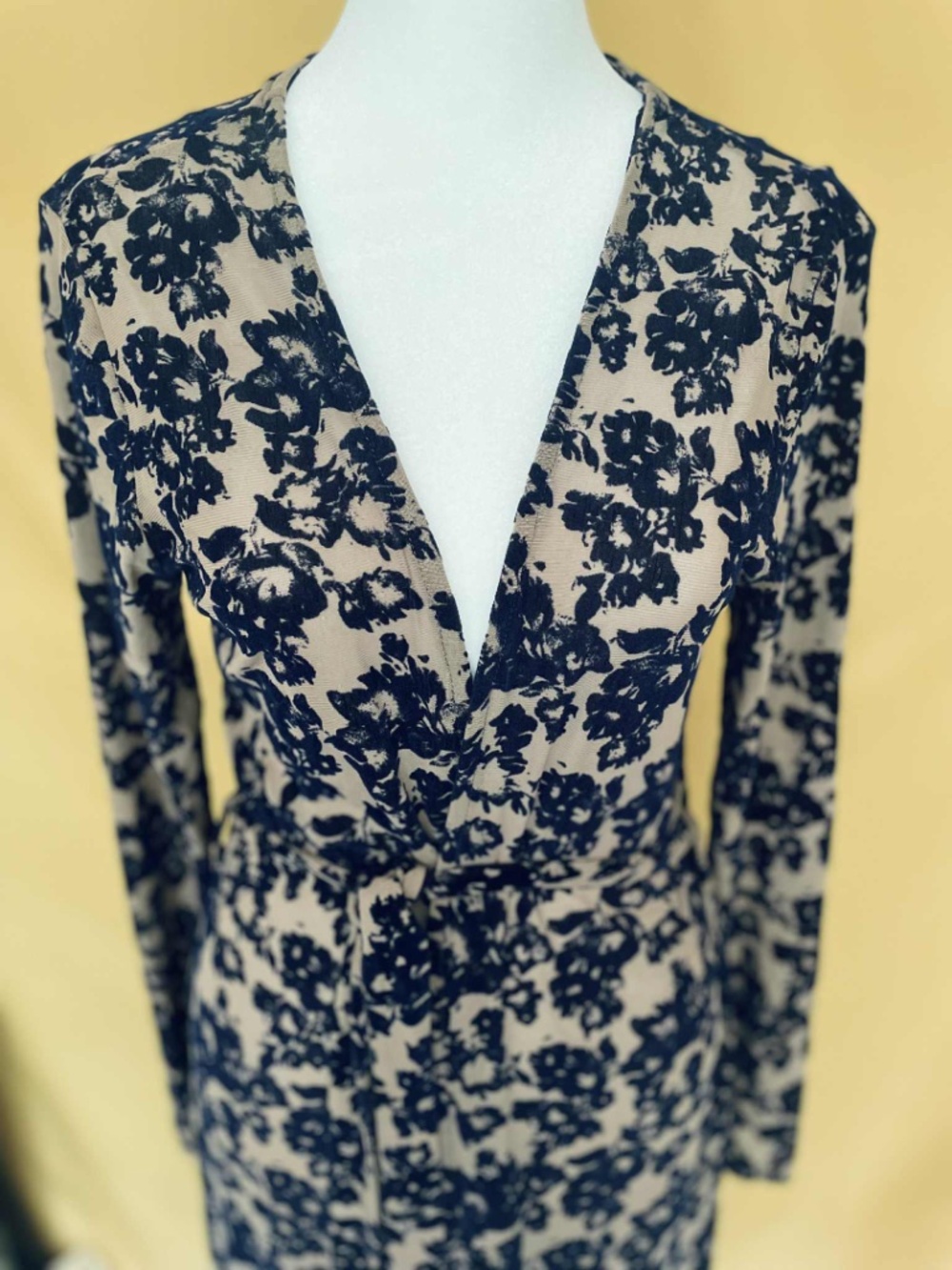 Navy Blue Tan L Floral Velvet Burnout Wrap Maxi Dress